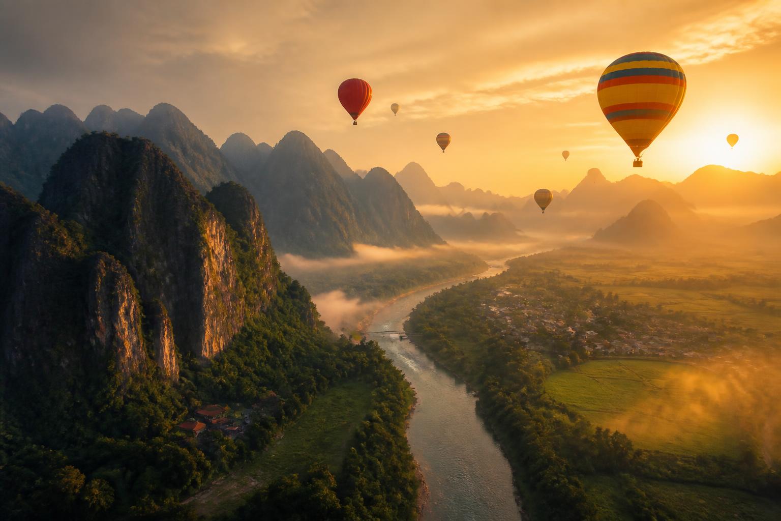 Sunrise balloons over Vang Vieng karsts